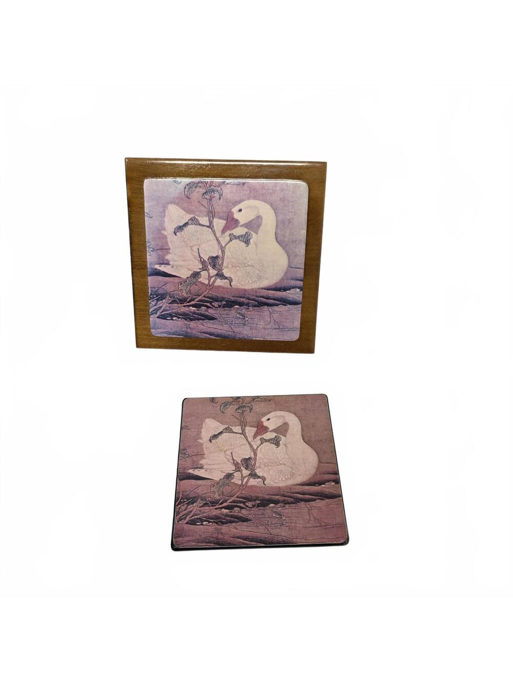 Vintage Asian Style Wooden Coaster Set Goose Bird Design Boxed Set